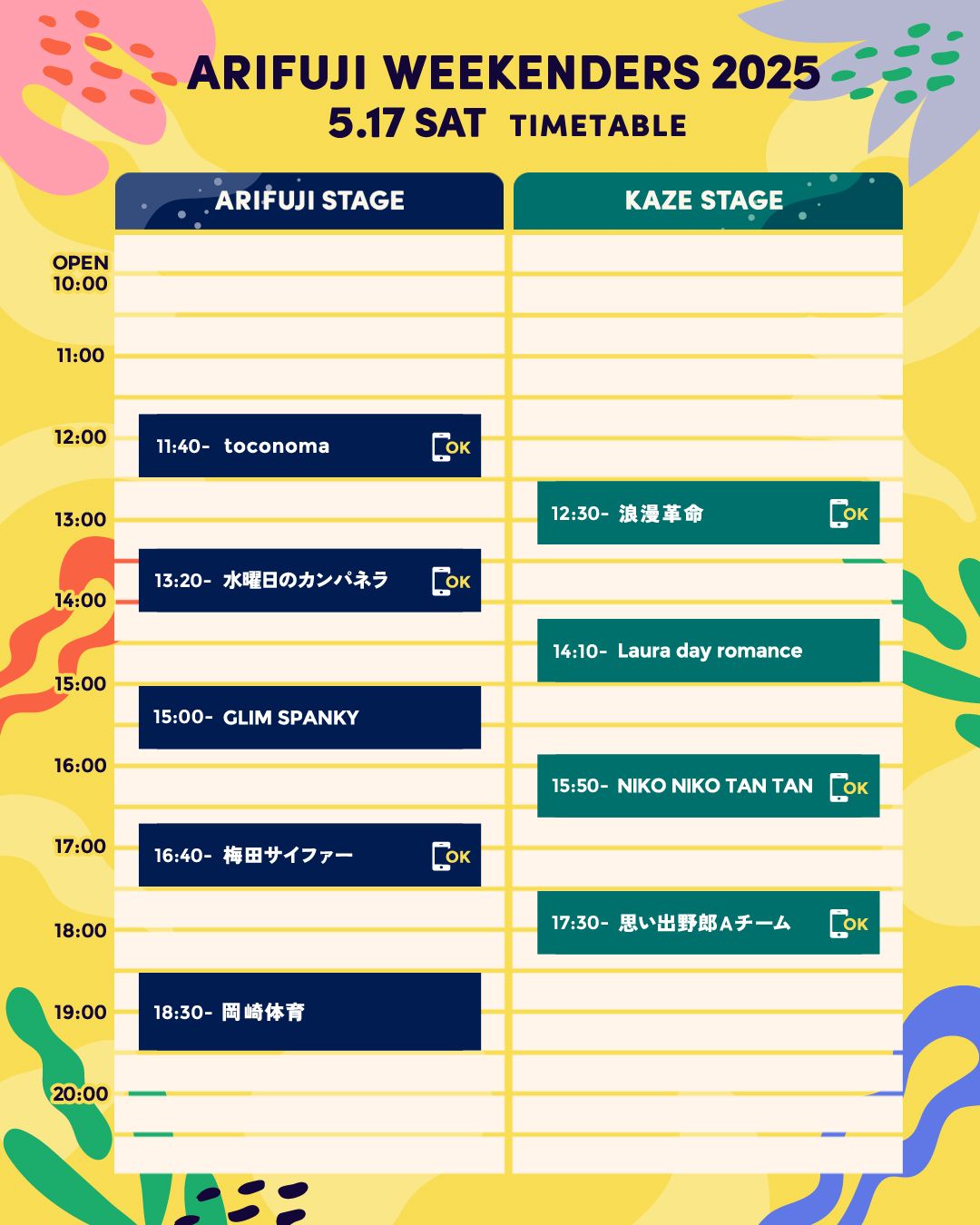 ARIFUJI WEEKENDERS 2025 5月17日(土)タイムテーブル