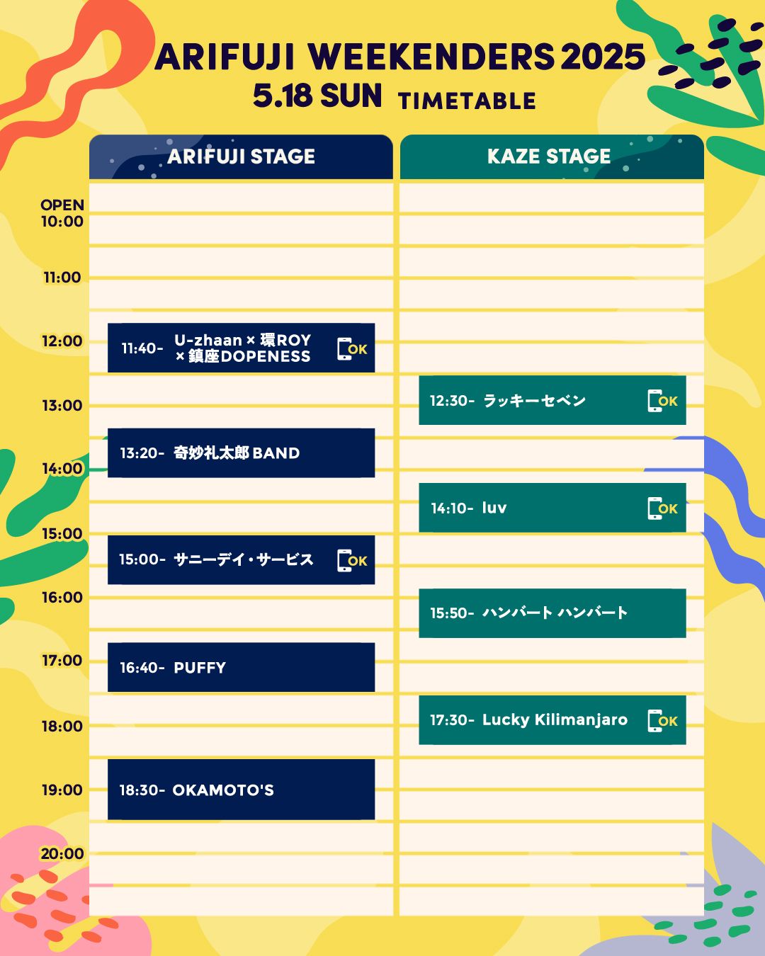 ARIFUJI WEEKENDERS 2025 5月18日(日)タイムテーブル